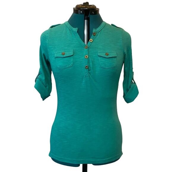 Doublju Tops - Doublju Women’s V Neck Folded Sleeve Top Size Medium Color Green